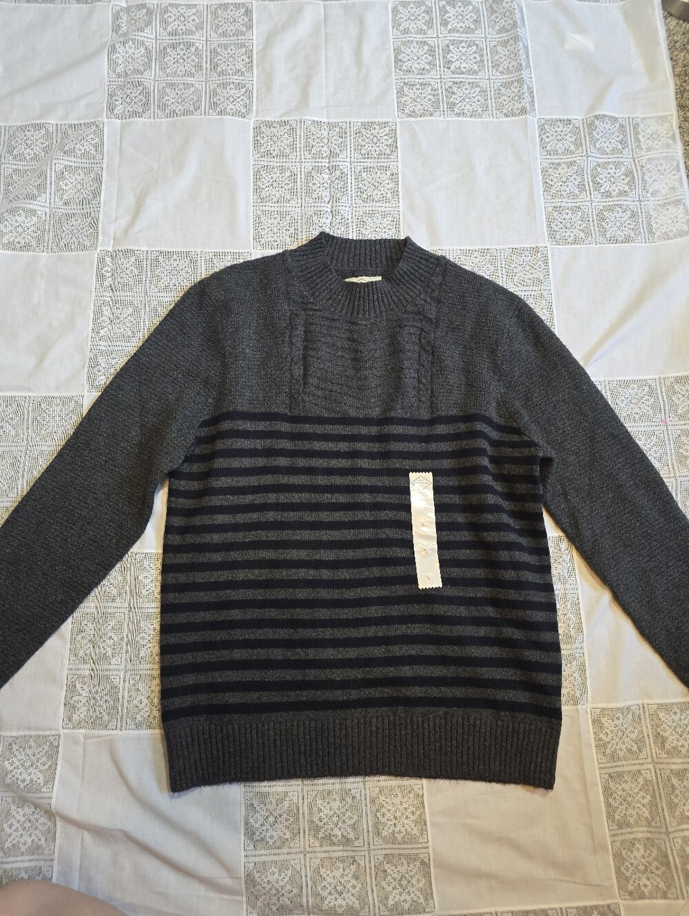 NWT St. John's Bay Charcoal and Navy Striped Crewneck Sweater Mens Large